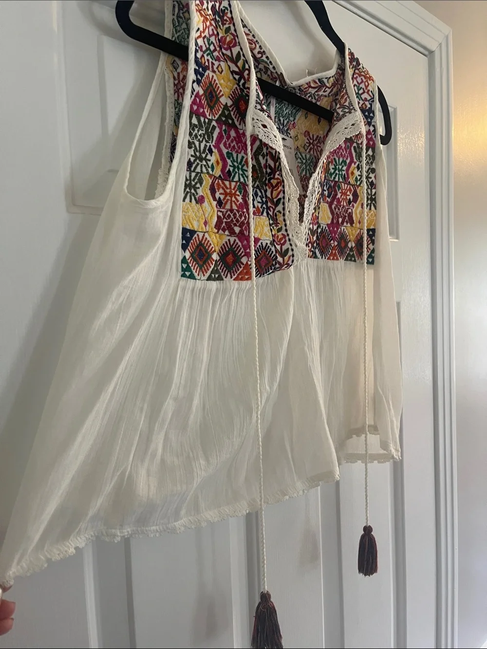 Free People Cream Gauze Camisole with Multicolor Embroidered Yoke